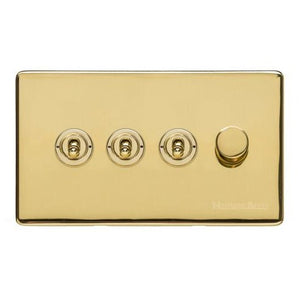 Vintage Range Unlacquered Polished Brass Switches & Sockets, XUL - 4G Mixed Toggle Dimmer Switch 3xToggle 1xTED by Heritage Brass By M-Marcus