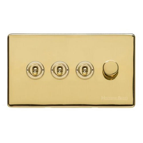 Vintage Range Unlacquered Polished Brass Switches & Sockets, XUL - 4G Mixed Toggle Dimmer Switch 3xToggle 1xTED by Heritage Brass By M-Marcus