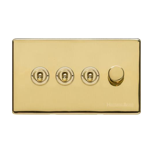 Vintage Range Unlacquered Polished Brass Switches & Sockets, XUL - 4G Mixed Toggle Dimmer Switch 3xToggle 1xTED by Heritage Brass By M-Marcus