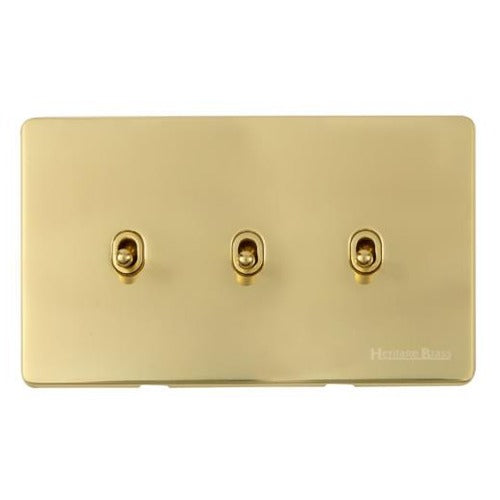Vintage Range Unlacquered Polished Brass Switches & Sockets, XUL - 3 Gang Stockholm Toggle by Heritage Brass By M-Marcus