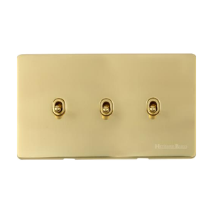 Vintage Range Unlacquered Polished Brass Switches & Sockets, XUL - 3 Gang Stockholm Toggle by Heritage Brass By M-Marcus