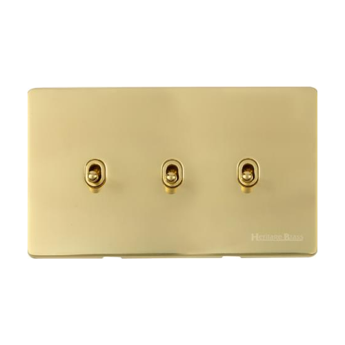 Vintage Range Unlacquered Polished Brass Switches & Sockets, XUL - 3 Gang Stockholm Toggle by Heritage Brass By M-Marcus