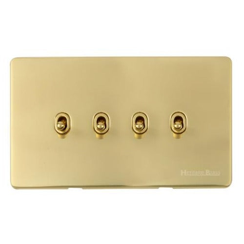 Vintage Range Unlacquered Polished Brass Switches & Sockets, XUL - 4 Gang Stockholm Toggle by Heritage Brass By M-Marcus