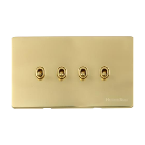 Vintage Range Unlacquered Polished Brass Switches & Sockets, XUL - 4 Gang Stockholm Toggle by Heritage Brass By M-Marcus