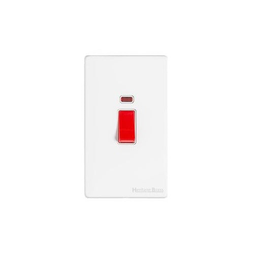 Vintage Range Matt White Switches & Sockets, XWH - 45A DP Cooker Switch with Neon (tall plate) by Heritage Brass By M-Marcus