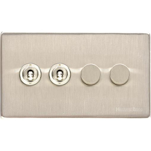 Studio Range Satin Nickel Switches & Sockets, Y05 - 4G Mixed Toggle Dimmer Switch 2xToggle 2xTED by Heritage Brass By M-Marcus