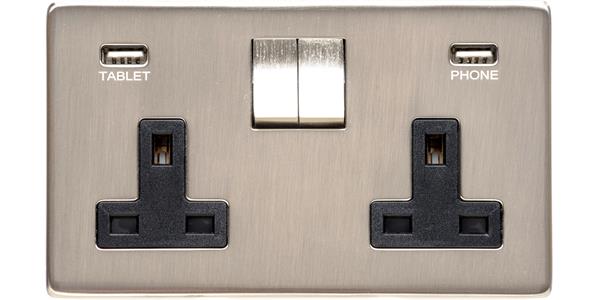 Heritage Brass Electrical, Studio Range - Satin Nickel - Double USB Socket (13 Amp), Double USB Socket (13 Amp), 13 AMP Switched Sockets, Double USB Socket (13 Amp)