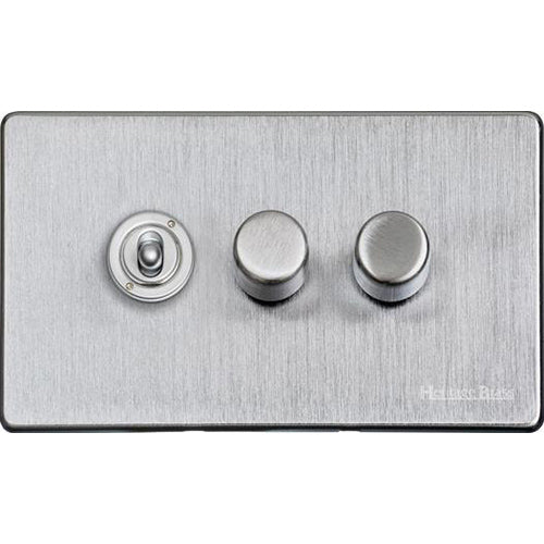 Studio Range Satin Chrome Switches & Sockets, Y33 - 3G Mixed Toggle Dimmer Switch 1xToggle 2xTED by Heritage Brass By M-Marcus