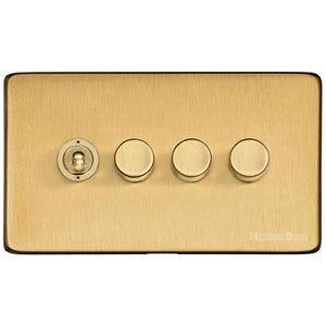Studio Range Satin Brass Switches & Sockets, Y44 - 4G Mixed Toggle Dimmer Switch 1xToggle 3xTED by Heritage Brass By M-Marcus