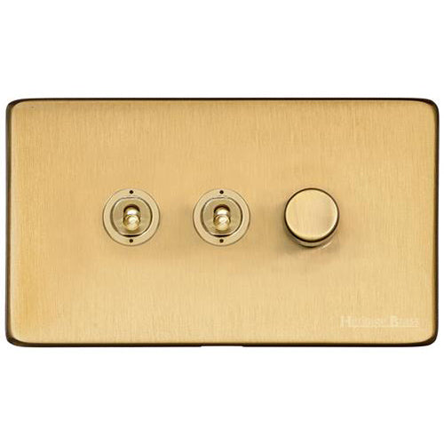 Studio Range Satin Brass Switches & Sockets, Y44 - 3G Mixed Toggle Dimmer Switch 2xToggle 1xTED by Heritage Brass By M-Marcus