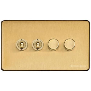 Studio Range Satin Brass Switches & Sockets, Y44 - 4G Mixed Toggle Dimmer Switch 2xToggle 2xTED by Heritage Brass By M-Marcus