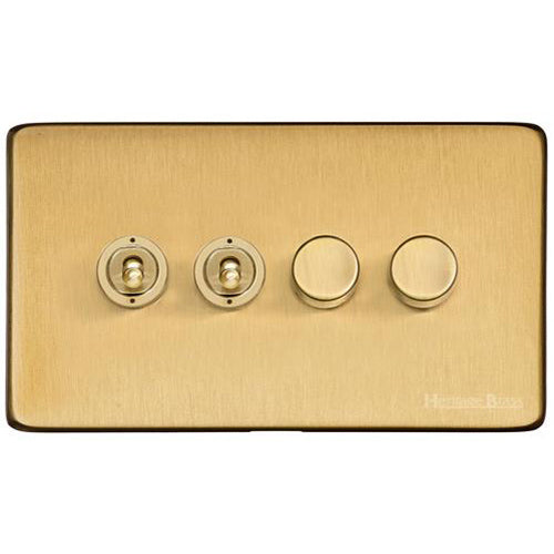 Studio Range Satin Brass Switches & Sockets, Y44 - 4G Mixed Toggle Dimmer Switch 2xToggle 2xTED by Heritage Brass By M-Marcus