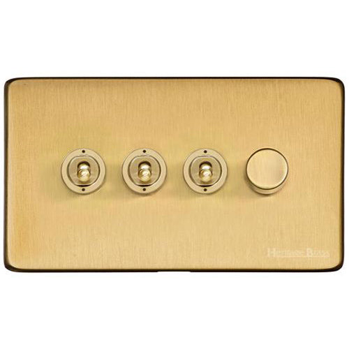 Studio Range Satin Brass Switches & Sockets, Y44 - 4G Mixed Toggle Dimmer Switch 3xToggle 1xTED by Heritage Brass By M-Marcus