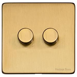 Heritage Brass Electrical, Studio Range - Satin Brass - 2 Gang Trailing Edge Dimmer, 2 Gang Trailing Edge Dimmer, 2 Gang Trailing Edge Dimmer, Trailing Edge Dimmers