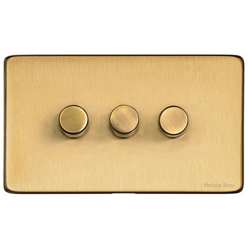 Studio Range Satin Brass Switches & Sockets, Y44 - 3 Gang TED Dimmer (Compatible with LED Lamps) by Heritage Brass By M-Marcus