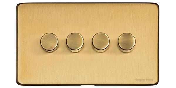 Heritage Brass Electrical, Studio Range - Satin Brass - 4 Gang Dimmer (250 watts), 4 Gang Dimmer (250 watts), 2 Way Push On/Off Dimmer Switches, 4 Gang Dimmer (250 watts)