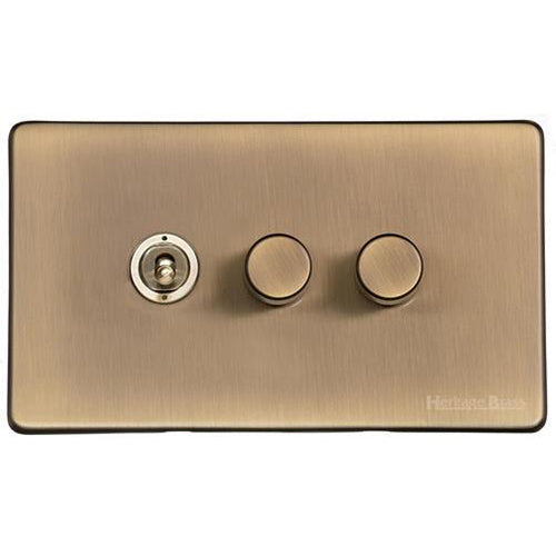Studio Range Antique Brass Switches & Sockets, Y91 - 3G Mixed Toggle Dimmer Switch 1xToggle 2xTED by Heritage Brass By M-Marcus