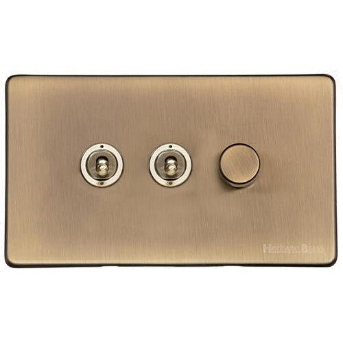 Studio Range Antique Brass Switches & Sockets, Y91 - 3G Mixed Toggle Dimmer Switch 2xToggle 1xTED by Heritage Brass By M-Marcus