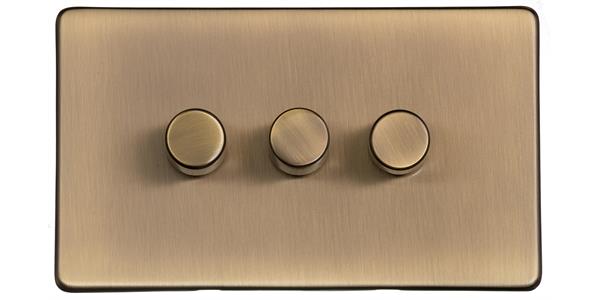 Heritage Brass Electrical, Studio Range - Antique Brass - 3 Gang Dimmer (250 watts), 3 Gang Dimmer (250 watts), 2 Way Push On/Off Dimmer Switches, 3 Gang Dimmer (250 watts)