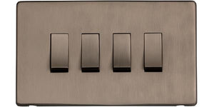 Heritage Brass Electrical, Studio Range - Aged Pewter - 4 Gang Switch (10 Amp), 4 Gang Switch (10 Amp), 10 Amp 2 Way Rocker Switches, 4 Gang Switch (10 Amp)