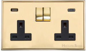Executive Range Satin Brass with Polished Brass Switches & Sockets, EX14 - 2G 13A Socket with USB-A+C by Heritage Brass By M-Marcus