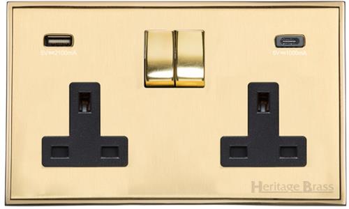 Executive Range Satin Brass with Polished Brass Switches & Sockets, EX14 - 2G 13A Socket with USB-A+C by Heritage Brass By M-Marcus