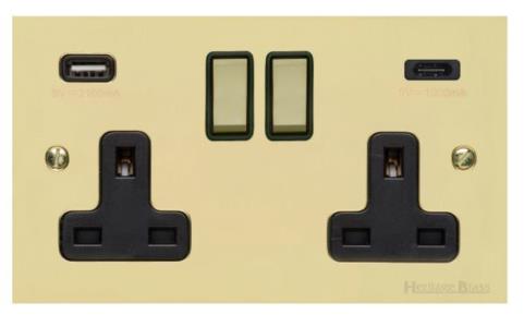 Executive Range Antique Brass Switches & Sockets, EX91 - 2G 13A Socket with USB-A+C by Heritage Brass By M-Marcus