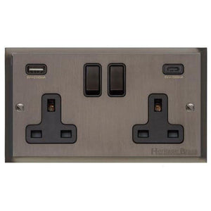 Elite Stepped Plate Range Matt Bronze Switches & Sockets, S09 - 2G 13A Socket with USB-A+C by Heritage Brass By M-Marcus