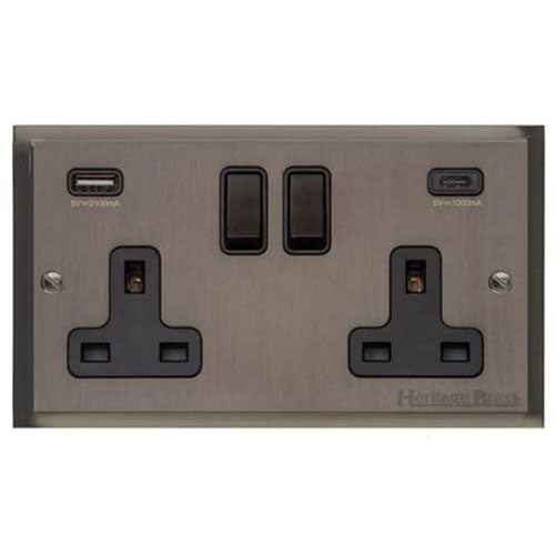 Elite Stepped Plate Range Matt Bronze Switches & Sockets, S09 - 2G 13A Socket with USB-A+C by Heritage Brass By M-Marcus