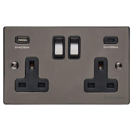 Elite Flat Plate Range-Black Nickel-2G 13A Socket with USB-A+C