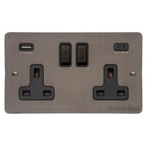 Elite Flat Plate Range Matt Bronze Switches & Sockets, T09 - 2G 13A Socket with USB-A+C by Heritage Brass By M-Marcus