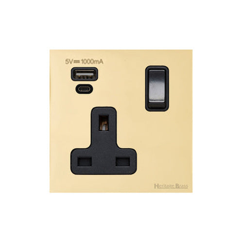 Windsor Range Polished Brass Switches & Sockets, WN1 - 1G 13A Socket with USB-A+C by Heritage Brass By M-Marcus
