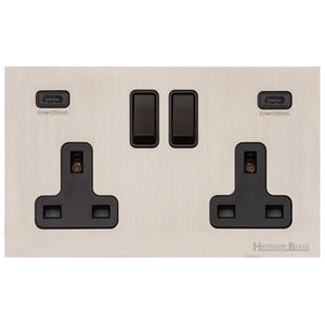 Windsor Range Satin Nickel Switches & Sockets, WN5 - 2G 13A Socket with USB-C+C by Heritage Brass By M-Marcus