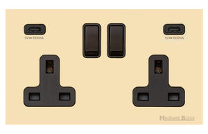 Windsor Range Polished Brass Switches & Sockets, WN1 - 2G 13A Socket with USB-C+C by Heritage Brass By M-Marcus