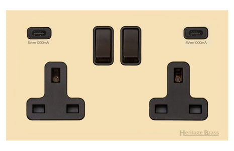 Windsor Range Polished Brass Switches & Sockets, WN1 - 2G 13A Socket with USB-C+C by Heritage Brass By M-Marcus