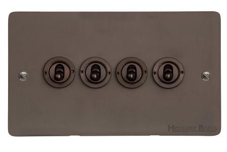 Heritage Brass Stylist Bronze Flat Plate - Round Edge - 4 Gang 2-Way Classic Toggle Switch