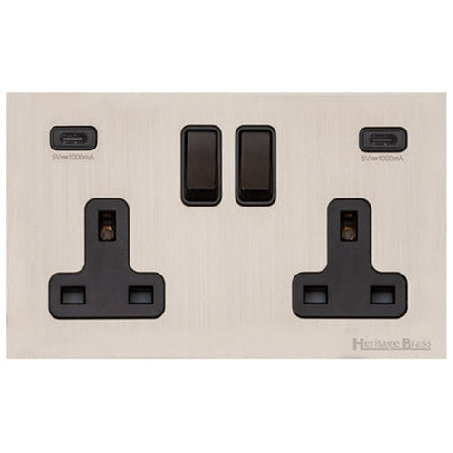 Windsor Range Satin Nickel Switches & Sockets, WN5 - 2G 13A Socket with USB-C+C by Heritage Brass By M-Marcus
