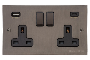 Heritage Brass Stylist Bronze Flat Plate - Square Edge - 2G 13A Socket with USB-A+C