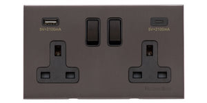 Windsor Range Matt Bronze Switches & Sockets, WN9 - 2G 13A Socket with USB-A+C by Heritage Brass By M-Marcus