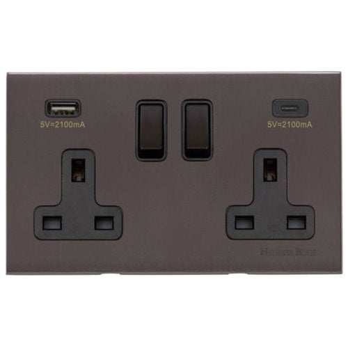 Windsor Range Matt Bronze Switches & Sockets, WN9 - 2G 13A Socket with USB-A+C by Heritage Brass By M-Marcus