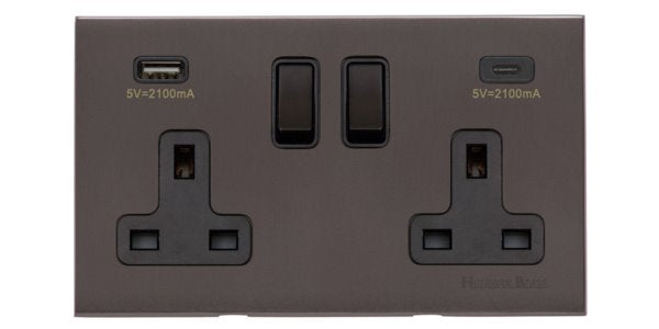 Windsor Range Matt Bronze Switches & Sockets, WN9 - 2G 13A Socket with USB-A+C by Heritage Brass By M-Marcus