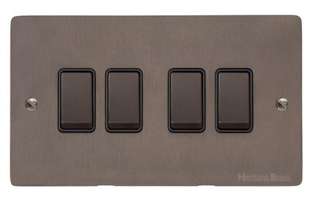 Heritage Brass Stylist Bronze Flat Plate - Round Edge - 4 Gang 2-Way Rocker Switch