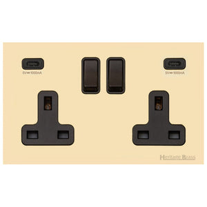 Windsor Range Polished Brass Switches & Sockets, WN1 - 2G 13A Socket with USB-C+C by Heritage Brass By M-Marcus