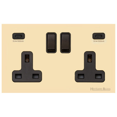 Windsor Range Polished Brass Switches & Sockets, WN1 - 2G 13A Socket with USB-C+C by Heritage Brass By M-Marcus