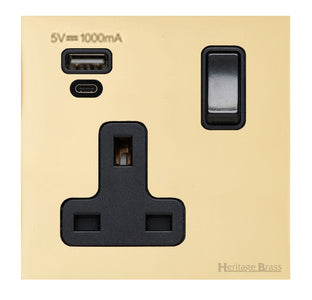 Windsor Range Polished Brass Switches & Sockets, WN1 - 1G 13A Socket with USB-A+C by Heritage Brass By M-Marcus