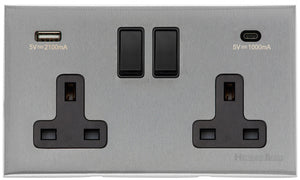 Windsor Range Satin Chrome Silk Switches & Sockets, WN35 - 2G 13A Socket with USB-A+C by Heritage Brass By M-Marcus