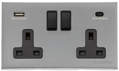 Windsor Range Satin Chrome Silk Switches & Sockets, WN35 - 2G 13A Socket with USB-A+C by Heritage Brass By M-Marcus