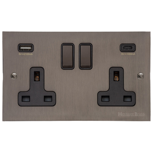 Heritage Brass Stylist Bronze Flat Plate - Square Edge - 2G 13A Socket with USB-A+C - Type QL9 by Heritage Brass By M-Marcus
