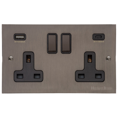 Heritage Brass Stylist Bronze Flat Plate - Square Edge - 2G 13A Socket with USB-A+C - Type QL9 by Heritage Brass By M-Marcus