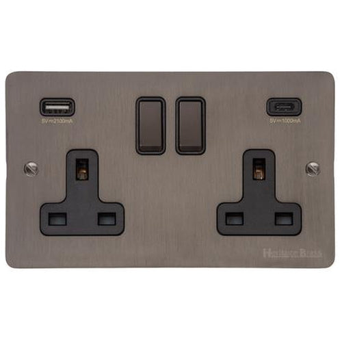 Heritage Brass Stylist Bronze Flat Plate - Round Edge - 2G 13A Socket with USB-A+C - Type L9 by Heritage Brass By M-Marcus
